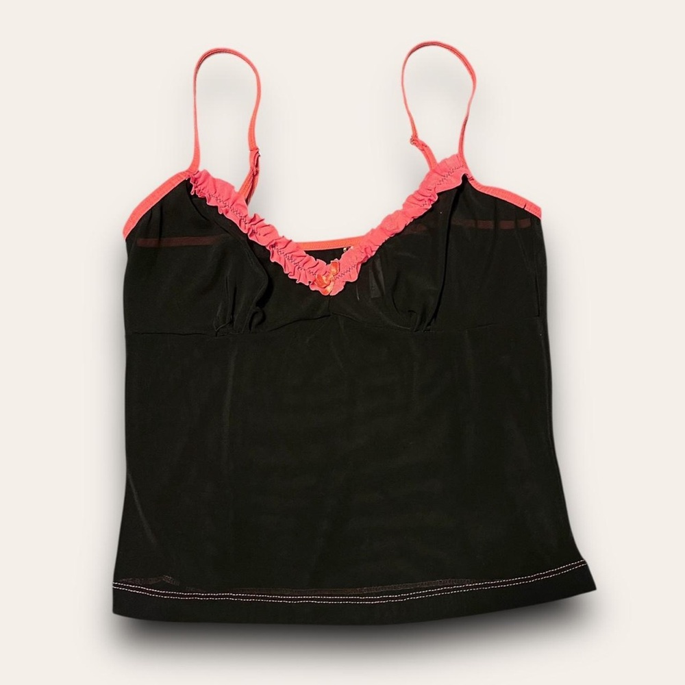 Y2K Mesh Cami Tank Top Black & Pink Size M Coquette Valentines Bow Detail